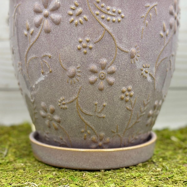 Spring Flowers Purple (SM) Ceramic Planter Pot with Saucer Attached/ Planters and pots/ Birthday Gift/ Gift for her/ Plant Lovers