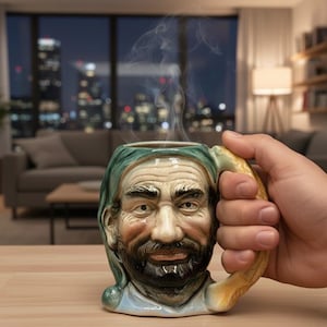 May include: A ceramic mug shaped like a bearded man's face, with a green head covering and a tan handle. The mug is filled with a hot beverage, and steam rises from the top. The mug is held by a hand.