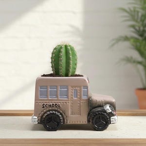 Ceramiczna doniczka w kształcie autobusu szkolnego – retro doniczka na sukulenty dla nauczycieli, wyjątkowa dekoracja do roślin doniczkowych, fioletowo-srebrny pojemnik na kaktusy w stylu vintage, 6 cali