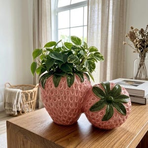 May include: A pink ceramic strawberry-shaped planter with green leaves and a smaller strawberry-shaped decorative piece. The planter is filled with green and white leafy plants, and sits on a wooden table. The strawberry planter has a textured surface.