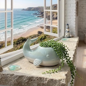 Whale Ceramic Planter - Coastal Succulent Pot, Nautical Home Decor, Blue & Beige Sea Animal Flower Pot for String of Pearls, Plant Pot