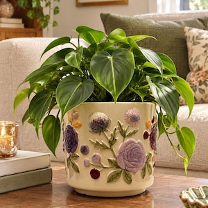 May include: A cream-colored ceramic planter featuring raised, three-dimensional floral and berry motifs in shades of purple, lavender, and deep red. A lush, green heart-leaf philodendron plant grows from the top of the cylindrical pot.