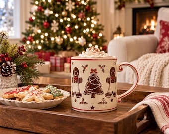 May include: A cream-coloured ceramic mug featuring a repeating pattern of brown gingerbread people, a decorated Christmas tree, and holly leaves. The mug has a red-rimmed handle and is filled with a beverage topped with whipped cream.