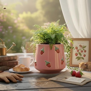 Maceta de cerámica con forma de barril de fresa hecha a mano. Maceta grande de 23 cm con diseño de frutos rojos y rosados. Encantadora decoración para jardín interior y exterior. Hecha en Vietnam.