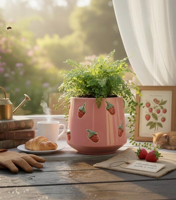 Handgefertigter Erdbeer-Keramik-Übertopf – 23 cm großer Pink & Roter Obst-Designer-Topf – Charmantes Gartendekor für drinnen und draußen – hergestellt in Vietnam