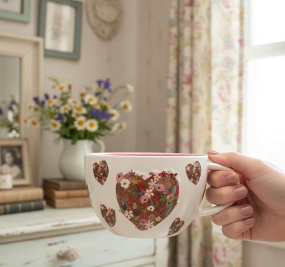 Floral Heart Ceramic Mug - 18oz Large Tea Cup - Shabby Chic Mothers Day  Gift - Botanical Heart Coffee Mug, Dishwasher Safe, Romantic Gift