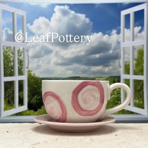 Teacup Pink and White Swirl Ceramic Planter with Saucer Attached/Planters and pots/Ceramic Planters/Indoor Planters/Plant Pot/Planters