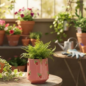 Hand-Painted Strawberry Ceramic Barrel Planter – Large 7” Pink Decorative Indoor/Outdoor Pot – No Drainage Hole Flower Pot – Made in Vietnam