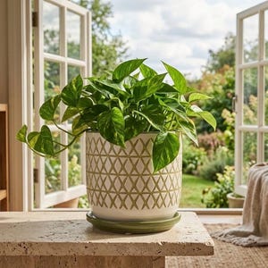 May include: A white ceramic planter with a repeating gold geometric diamond pattern and a matching green saucer, containing a lush green pothos plant with variegated heart-shaped leaves, positioned on a textured stone surface.