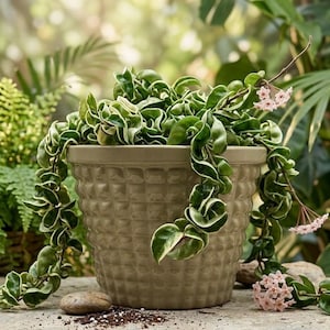 Olive Green Ceramic Barrel Planter with Drainage Hole - 9 inch Textured Clay Pot for Indoor Outdoor Plants - Mid Century Modern Garden Decor