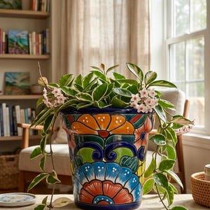 May include: A hand-painted ceramic planter featuring a vibrant Talavera-style pattern with bold orange, blue, green, and red floral motifs. A trailing Hoya plant with variegated green and white leaves and clusters of small pale pink flowers sits inside.