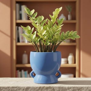 Modern Blue Ceramic Barrel Planter – Minimalist Footed Indoor/Outdoor Plant Pot – 6.5" Decorative Vase for ZZ Plants, Succulents, & Modern
