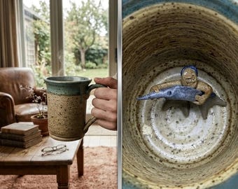 Caneca de cerâmica artesanal com fundo surpresa, mergulhador e peixe-espada, 473 ml (16 oz), presente para amantes de café, design exclusivo com pintas.