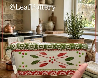 Temp-tations Holiday Loaf Pan, Small Ceramic Baking Dish, Hand Painted Polish Pattern Stoneware, Christmas Loaf Dish, Red Green Mini Baker