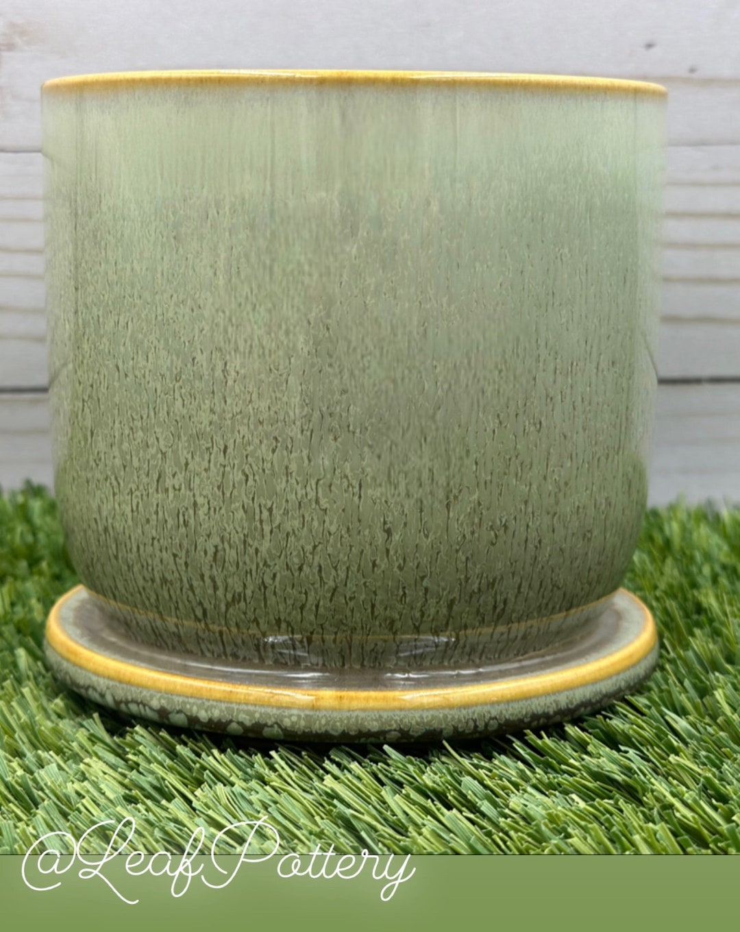 Green Olive Half Stains Ceramic Planter Pot With Saucer Attached