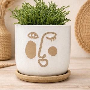 Boho Face Ceramic Planter with Attached Saucer - 6 Inch White and Beige Succulent Pot, Modern Abstract Head Vase, Indoor Outdoor Plant Pot