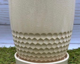 Beige Honeycomb Ceramic Planter Pot with Saucer Attached/ Planters and Pots/Birthday Gift/Gift for him/Gift for her/Plant Lovers