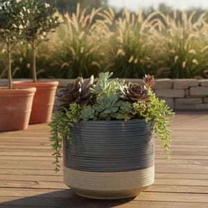 Moderne geribbelde keramische plantenbak - tweekleurig blauw en beige 6" succulente pot met drainage - elegante decoratieve bloempot voor binnen - opening 5,5"