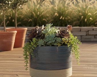 Modern Ribbed Ceramic Planter - Two-Tone Blue & Beige 6" Succulent Pot with Drainage - Elegant Decorative Indoor Flower Pot - 5.5" Opening