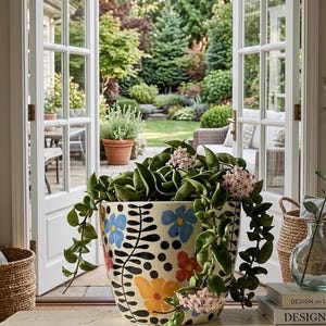 May include: A cream-colored ceramic planter decorated with hand-painted blue, red, and orange flowers and black foliage patterns. The planter holds a trailing Hoya carnosa plant with thick, curled green leaves and clusters of small pink flowers.