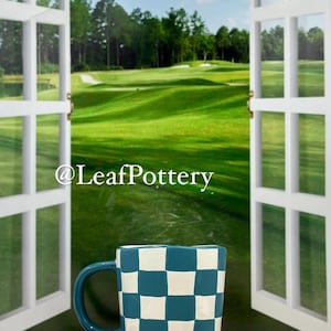 Hand painted Checkered Pattern Blue/White Ceramic 18oz Mug/ Retro Mug/ Birthday Gift/Gift for her mugs/Coffee Mug/Mugs Gift/ Tea Mug/Tea Cup