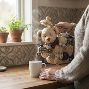 Puede incluir: Una tetera caprichosa con forma de oso de peluche con un pico de tren, vertiendo agua caliente en una taza blanca. El oso lleva una bufanda roja y tiene un pequeño conejito. El vapor se eleva de la tetera. La escena está ambientada en una encimera de madera.