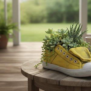 Yellow Concrete Sneaker Planter - Retro High-Top Succulent Pot with Drainage - Unique Urban Garden Decor & Sneakerhead Gift