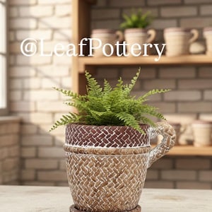 Rustic Woven Texture Stone Planter with Saucer - 4.5" Small Boho Plant Pot - Beige & Brown Decorative Succulent Pot with Drainage Hole