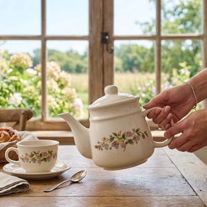 May include: Cream-colored ceramic teapot with floral design, held over a wooden table. A matching teacup and saucer, along with a spoon, are also on the table. The scene is set near a window with a view of greenery.