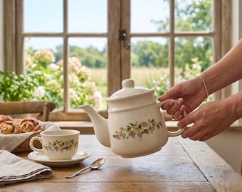 Tetera de cerámica vintage con diseño de bayas y flores, con tapa, estilo rústico, decoración de cocina inspirada en la naturaleza, regalo para amantes del té, 887 ml (30 oz).