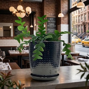 Modern Blue Ceramic Barrel Planter with Attached Saucer – 7” Dotted Textured Indoor Outdoor Flower Pot – Navy Blue Garden Decor – Drainage