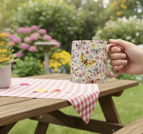 Butterfly Ceramic Coffee Mug, 18oz Large Tea Cup with Pink Handle, Colorful  Garden Nature Lover Gift, Microwave and Dishwasher Safe Floral