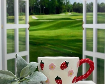 Sweet Strawberries Flowers White/Red/Pink Ceramic 17oz Mug/ Ceramic Mug/ Coffee Mug/ Birthday Gift/ Gift for her/ Coffee Lovers