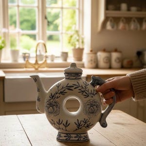 May include: A white ceramic teapot with a unique circular design, adorned with blue floral and leaf patterns. The teapot has a handle and spout, and sits on a wooden table. The teapot is approximately 10 inches tall.