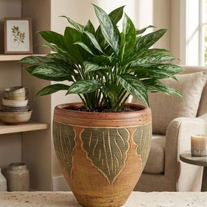 Handcrafted Terracotta Planter with Etched Leaf Design, 7-Inch Decorative Clay Pot, Boho Indoor Outdoor Garden Decor, Earthy Home Accent