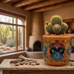 Vaso de cerâmica Talavera mexicano pintado à mão - Decoração colorida de 18 cm para casa no estilo sudoeste americano - Feito no México - Ideal para ambientes internos.