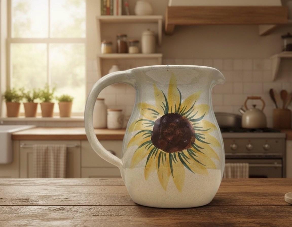 【USED】  Denmark 花瓶　壺 Hand-painted Sunflower Pitcher | Vintage Stoneware Farmhouse