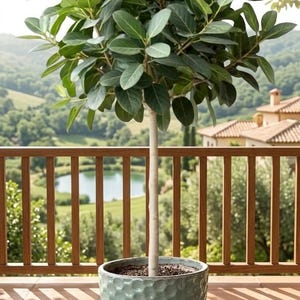 Puede incluir: Un pequeño árbol en maceta con un tronco claro y hojas verdes exuberantes. La maceta azul claro texturizada se encuentra sobre una superficie embaldosada. El fondo presenta una barandilla de madera y un paisaje pintoresco.