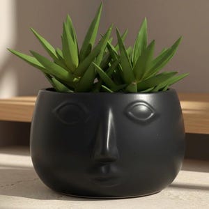 Matte Black Face Planter - Ceramic Head Pot for Succulents & Indoor Plants - Modern Minimalist Bowl Planter - Unique Zen Decor - 6 Inch