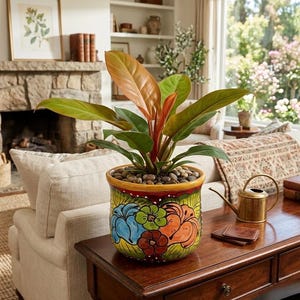 Puede incluir: Una planta de interior en maceta con grandes hojas verdes y naranjas en una colorida maceta de cerámica decorada con diseños florales. La maceta está llena de pequeñas piedras. Una pequeña regadera de latón y posavasos de cuero están sobre una mesa de madera.