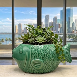 Maceta grande verde con forma de pez koi - Maceta de cerámica estilo vintage - Decoración tropical única de 25 cm para el hogar - Maceta para plantas suculentas y colgantes de interior