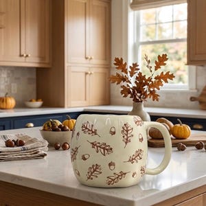 May include: A cream-colored ceramic mug with a rounded shape, featuring a repeating pattern of brown oak leaves and acorns. The mug has a single curved handle on the right side and a smooth, glossy finish, sitting on a white countertop surface.