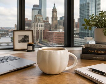 White Pumpkin Ceramic Coffee Mug, Large 16 oz Fall Mug, Boston Skyline Office Decor, Halloween Mug Gift for Coffee Lover, Unique Tea Cup