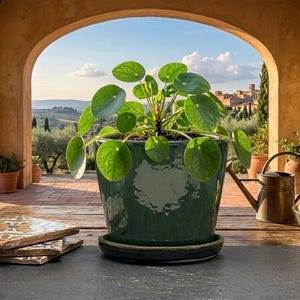 May include: A green ceramic pot with a Pilea peperomioides plant, or Chinese money plant, on a wooden table. A watering can and a bowl of lemons are also present. The background reveals a Tuscan landscape with rolling hills and buildings.