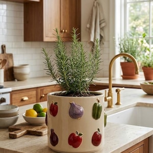 May include: A cylindrical cream-colored ceramic planter featuring raised, three-dimensional fruit and vegetable motifs in red, purple, and green. A vibrant green rosemary plant is potted inside the container, which sits on a countertop.