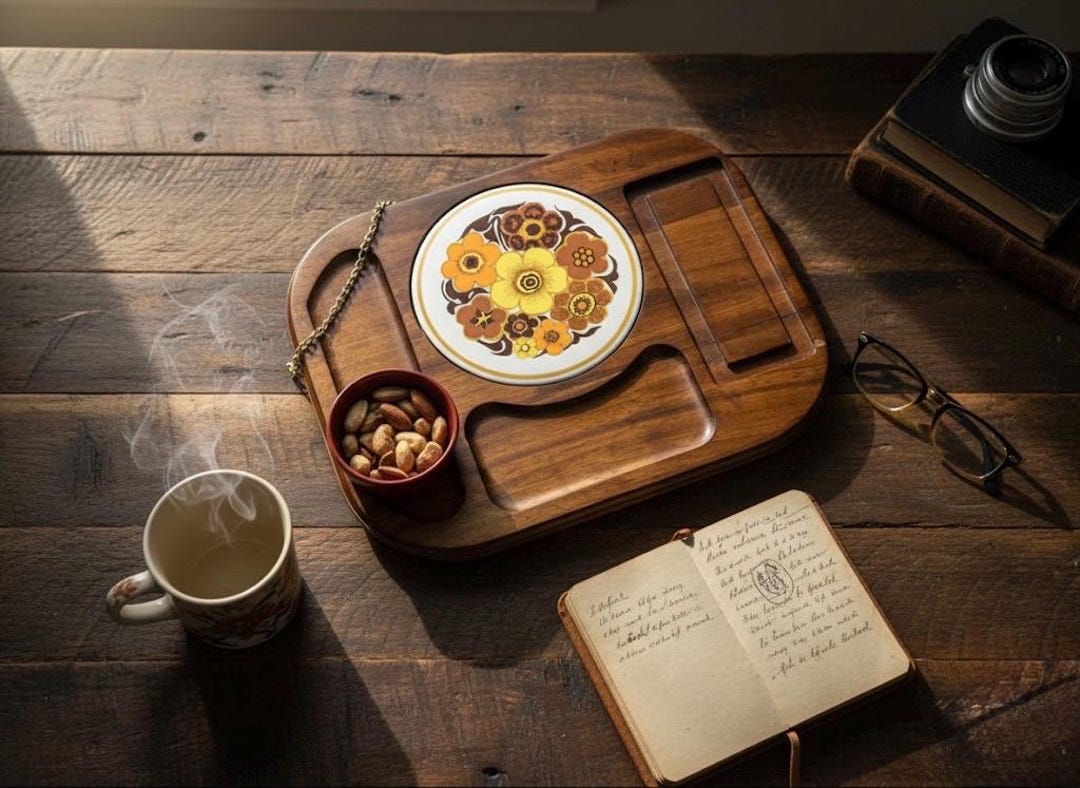 Vintage Wooden Serving Tray With Decorative Tile Insert | Mid