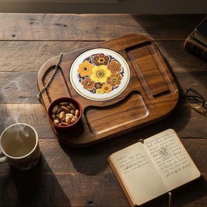 Vintage Wooden Serving Tray with Decorative Tile Insert | Mid-Century Modern Snack Board | Wood Appetizer Platter | Hostess Gift
