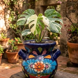May include: A potted Monstera plant with variegated leaves in a vibrant blue ceramic pot. The pot features a colorful floral design with orange, blue, and pink accents. The pot has two handles and sits on a weathered wooden surface.