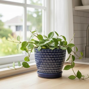 Blue Textured Ceramic Planter with Attached Saucer - 6 Inch Round Flower Pot for Indoor Outdoor Plants - Decorative Boho Garden Decor - Blue
