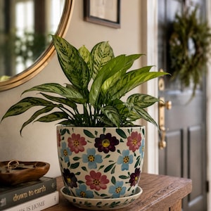 Puede incluir: Una maceta de cerámica con un patrón floral pintado a mano con flores rosas, azul claro y morado oscuro sobre un fondo blanco. La maceta incluye un plato a juego y contiene una planta de interior Aglaonema de hojas variegadas.
